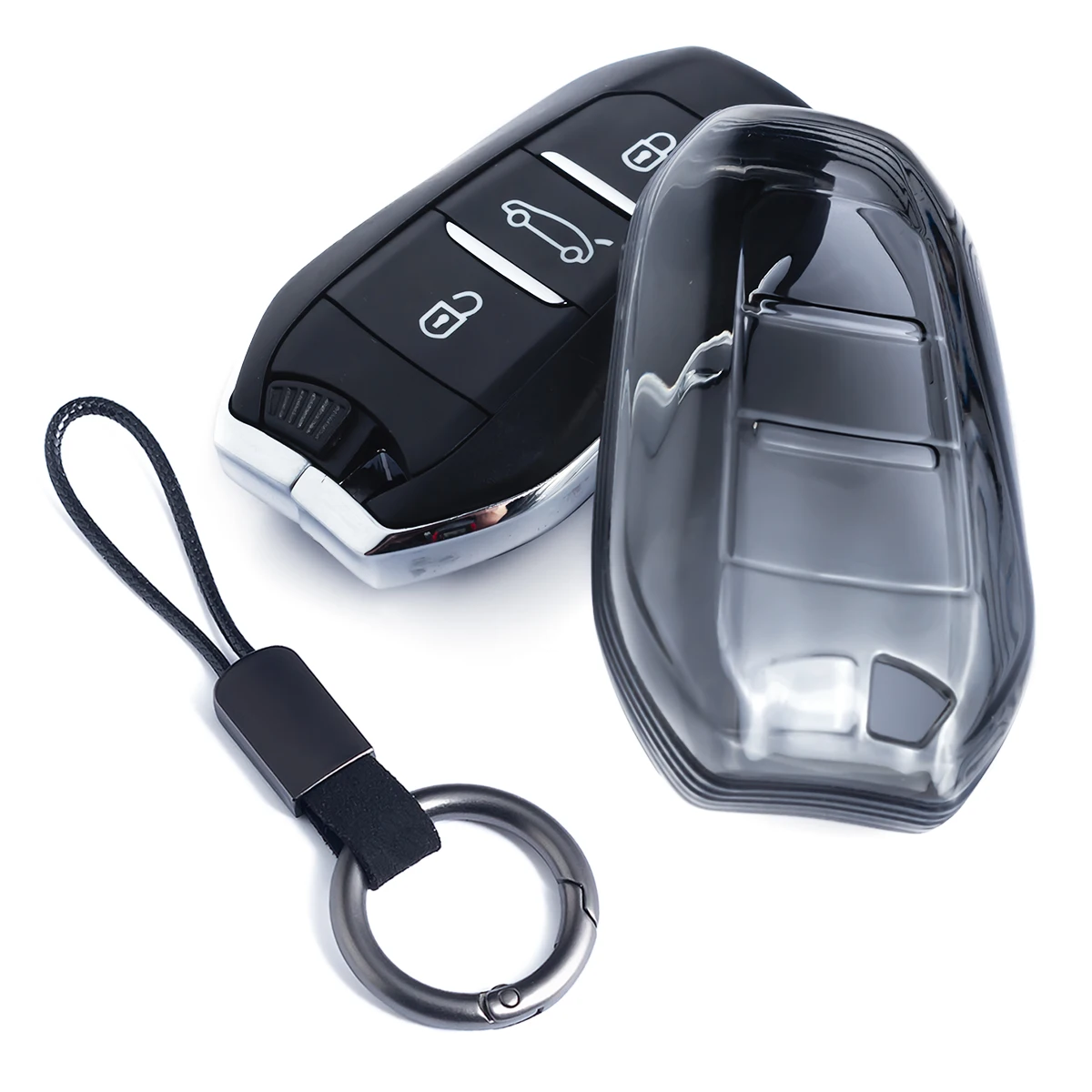Funda delgada para llave de coche, cadena para Peugeot 208 308 508 2008 3008 5008 Citroen C4 C3 C5 Aircross DS3 DS7 DS9, negro transparente