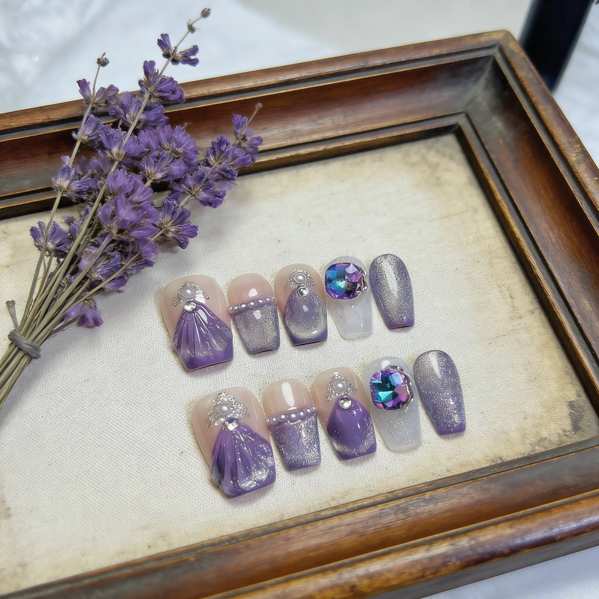 

10pcs Purple Shell Handmade Nails Pearl Diamond Cat Eye Press-on Nails Short Square Fake Nails for Women&Girl False Nail Art