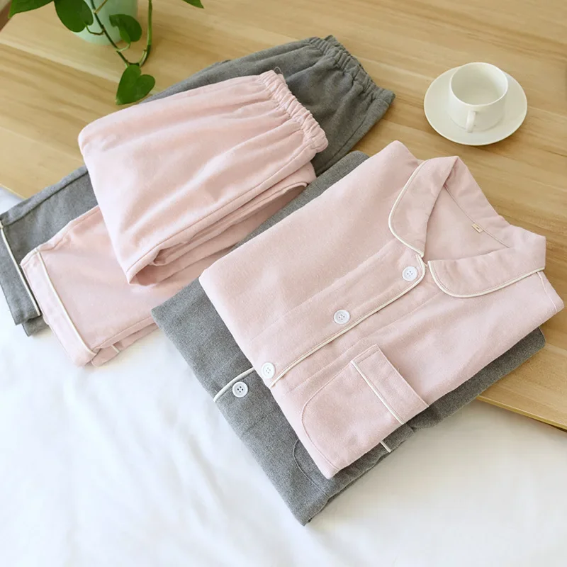 

Men and Women Cotton Flannel Sleepwear Couple Long Sleeve Thin Home Clothes Spring Autumn Loungewear Two Pieces Set Nightwear