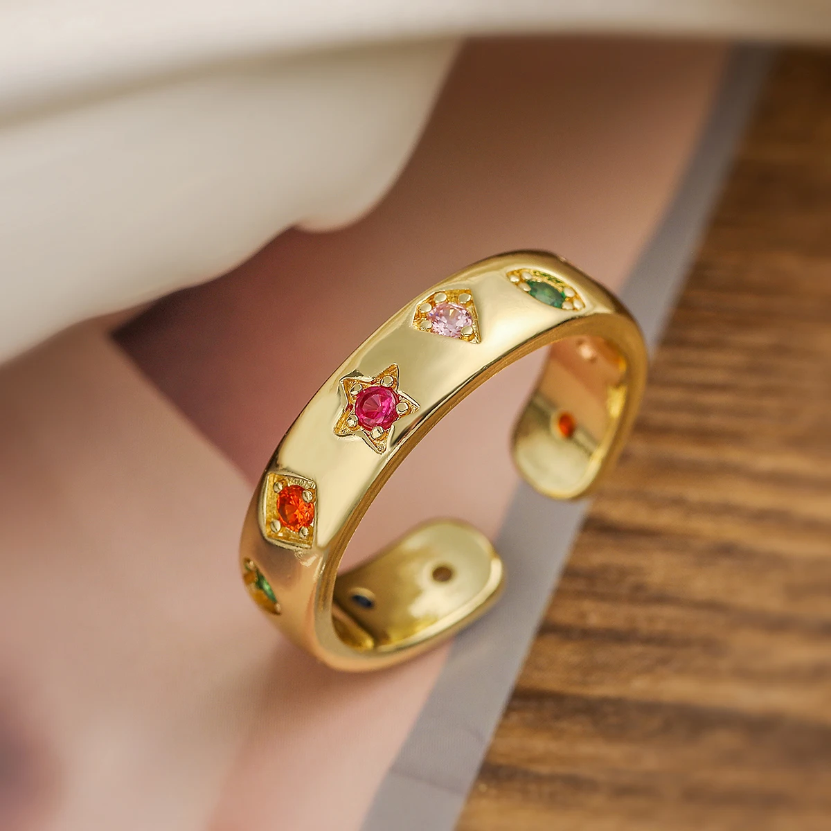 NEWBUY New Fashion Gold Color Colourful AAA CZ Zircon Inlay Jewelry Open Design Wedding Bands Rings For Women Girl
