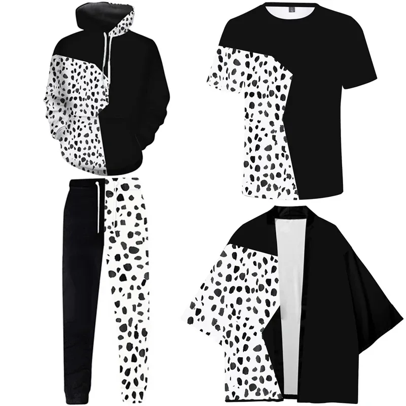 101 dálmatas Cruella De Vil abrigo capa negro blanco estampado Kimono Tops Cruella Cospaly disfraces Casual sudadera mujeres hombres