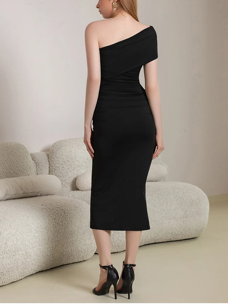 NewAsia – robe asymétrique épaule dénudée pour femmes, Double couche, sans manches, moulante, plis asymétriques, robe de soirée élégante, nouvelle collection été 2025