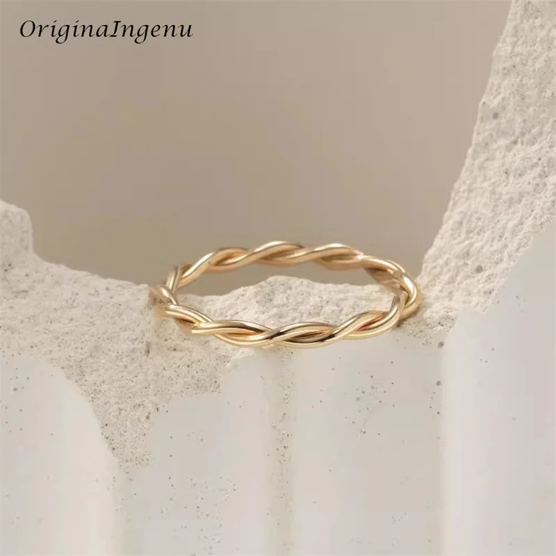 حلقة ملتوية مصنوعة يدويًا من الذهب عيار 14 قيراط للنساء ، مجوهرات بسيطة ، مقاومة للتشويه ، رائعة ، مقاس 3 ~ S #3