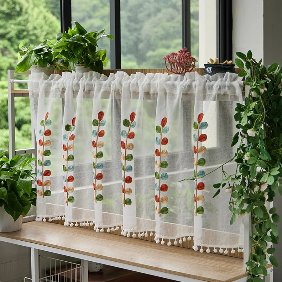 Four color branch Embroidered Semi Sheer Curtain Kitchen Tiers Half Window Sheer Curtains Rod Pocket Voile Drapes for Kitchen Ba