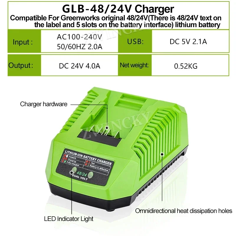 Replacement Charger For Greenworks 48/24V Lithium Battery Power Tools For Green works Original Battery Portable Charging