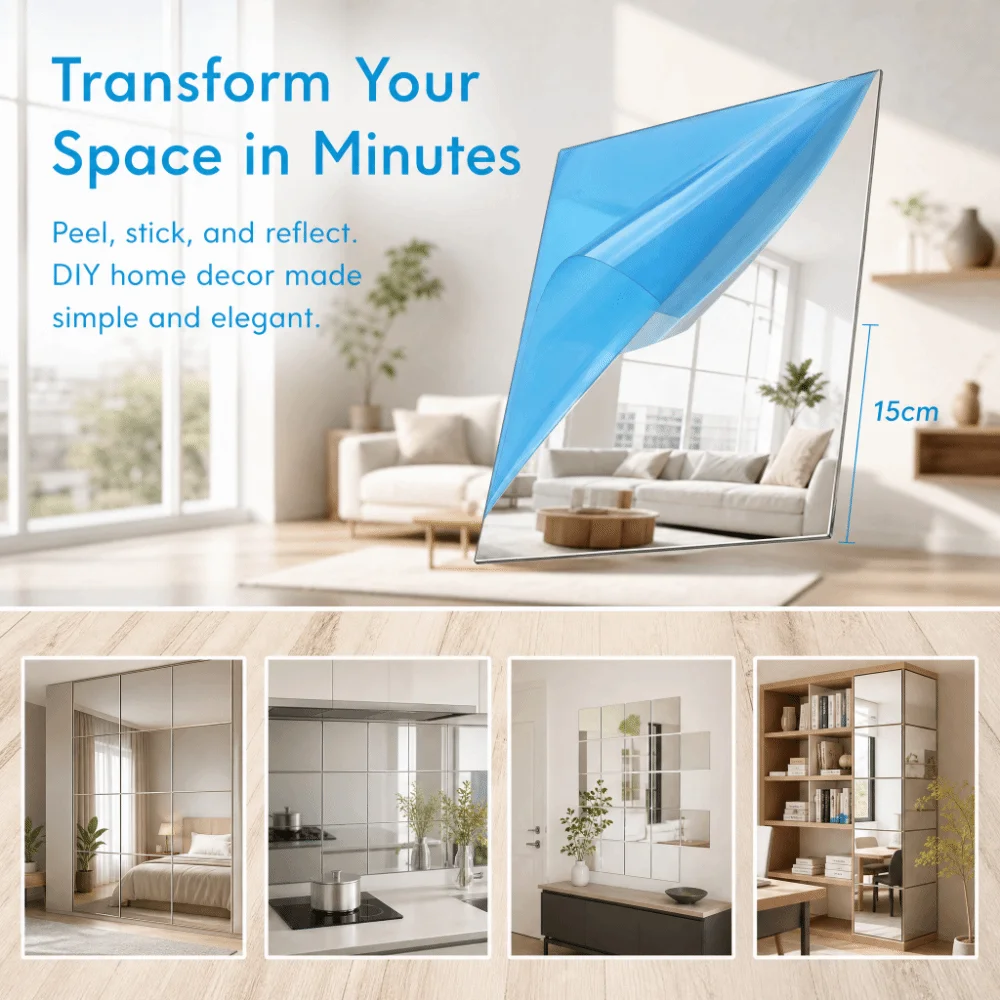 32pocs Space-saving Decor PET Self-adhesive Mirror Sticker Silver Square PET Mirror Decal 5.9in 15x15cm Mirror Tile Living Room