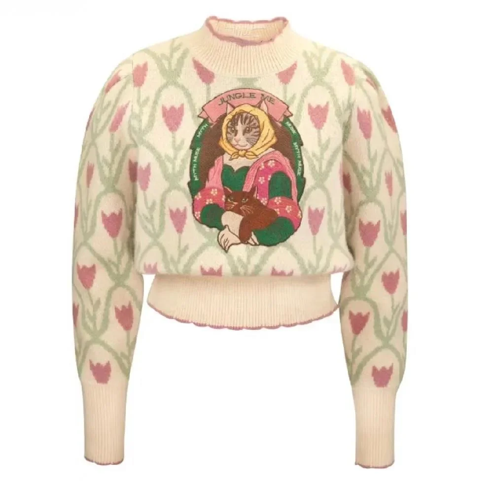 Tulip Jacquard Cartoon Embroidered Sweater For Women Vintage Elegant Stylish Chic Tops 2023 Winter Turtleneck Long Sleeve Jumper