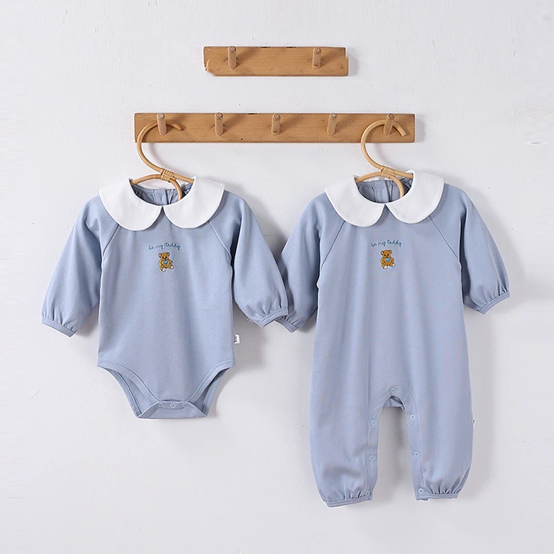 

Spring Autumn Toddler Girls Rompers Bear Embroidery Kids Baby Girls Jumpsuits Peter Pan Collar Newbron Girls Bodysuits Overalls