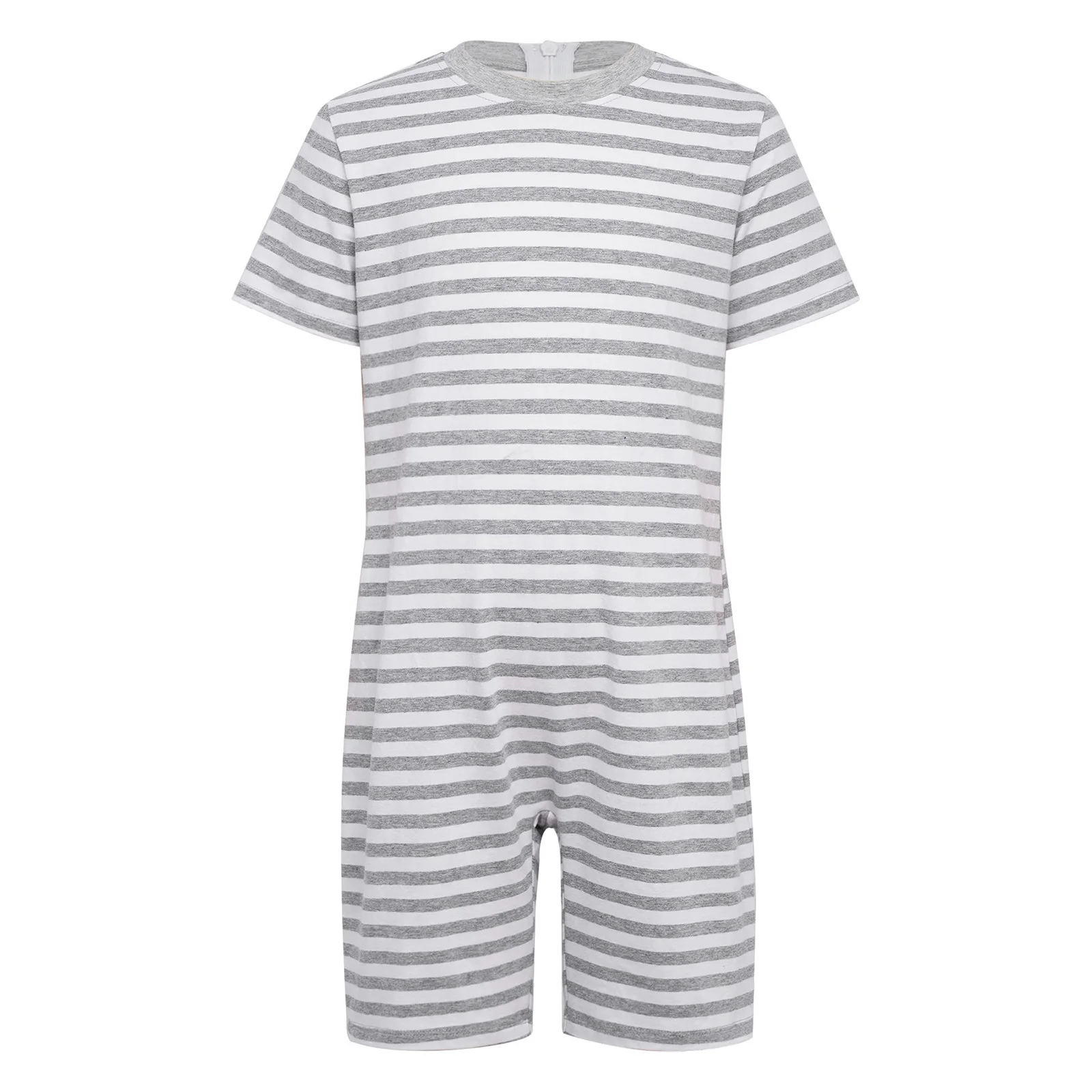 ملابس أطفال بنين بنات ذات احتياجات خاصة، ملابس قطنية ناعمة بأكمام قصيرة وطول الفخذ ومضادة للشريط وسحاب مخطط #2