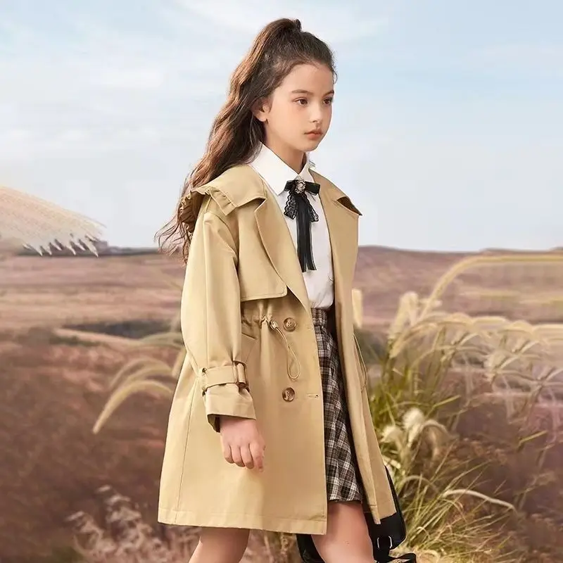 

Тренч для девочек средней длины, весна-осень, стильный корейский стиль, двойные пуговицы, твинь с заниженной талией, новый дизайн, верхняя одежда