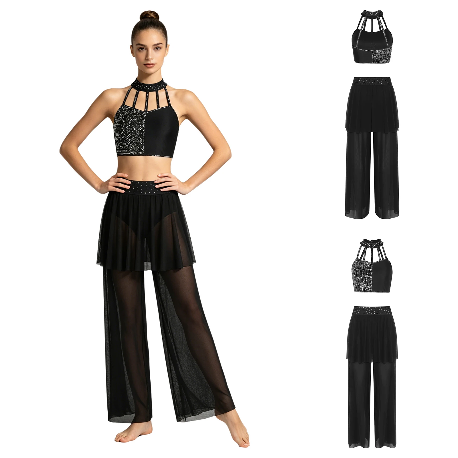 Women Shiny Rhinestone Modern Lyrical Dance Outfit Skating Gymnastics Acrobatics Crop Top with Mesh Pants Built-in Briefs Set