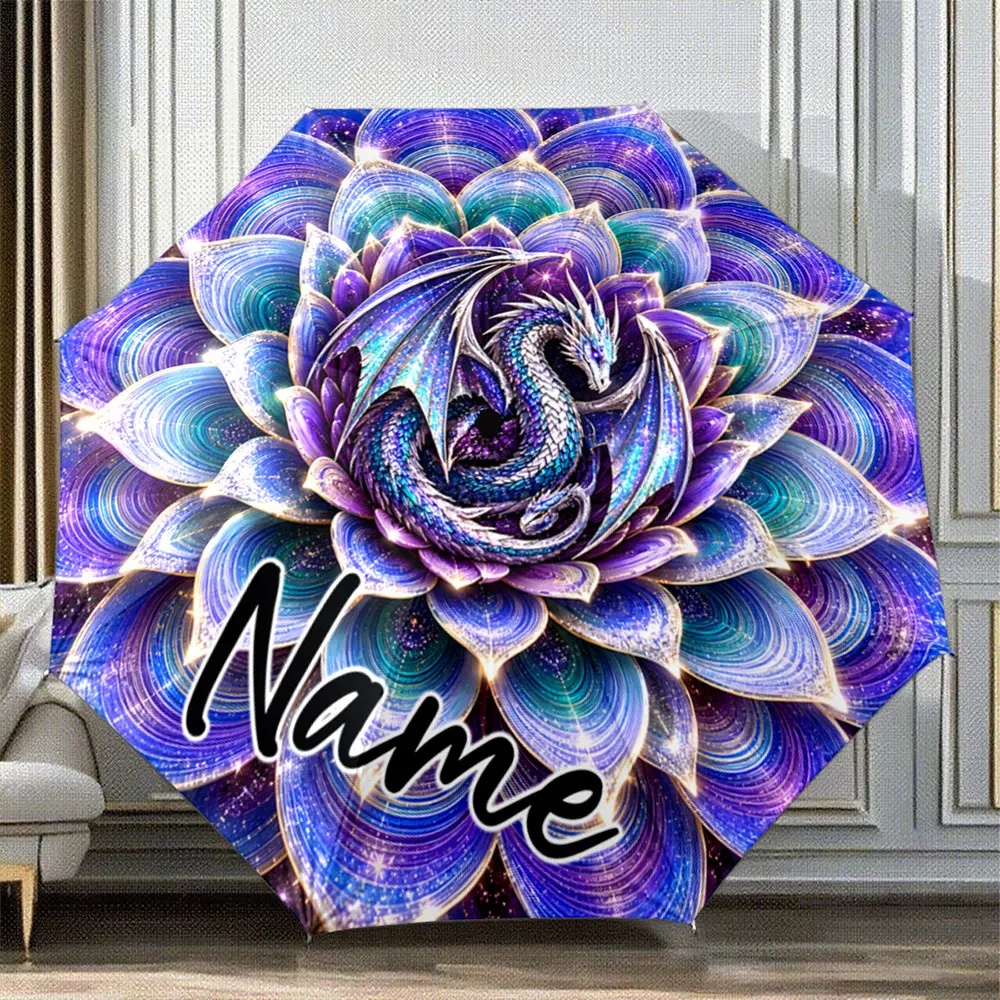 Custom Name Umbrella Coiled Blue Dragon with Lotus Petals 8 Iron Ribs Folding Umbrella Auto-Open Fashion Sunshade