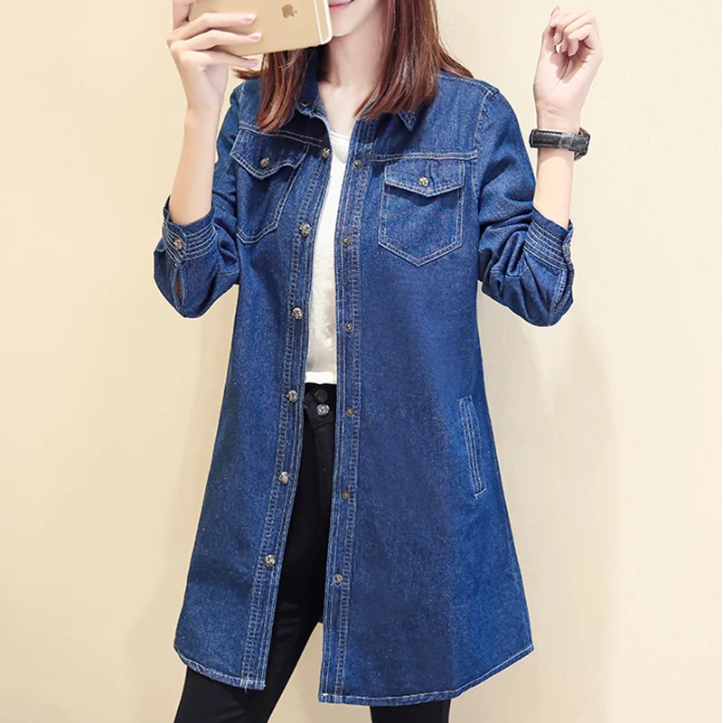 Blue Denim Shirt Women Spring Autumn Long Sleeve Turn Down Collar Single Brasted Mid Length Jean Outerwear Female Slim Fit Shirt