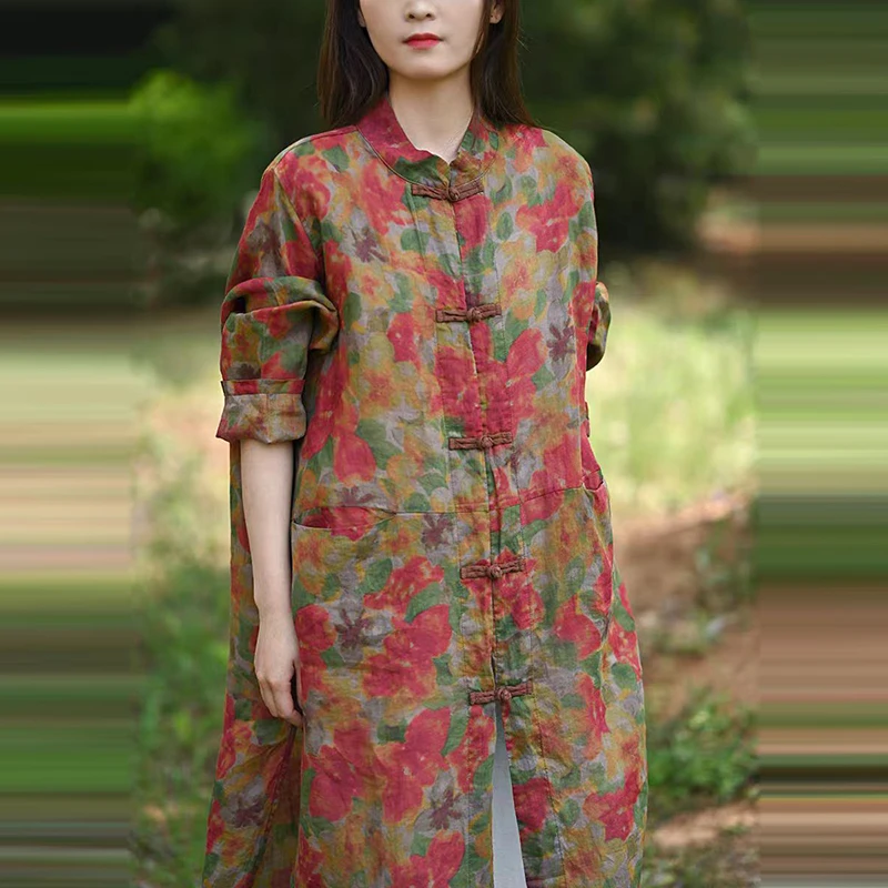 

Весна-лето, новые женские однобортные свободные длинные блузки в китайском стиле, винтажные рубашки рами с цветочным принтом, хорошее качество TJ27