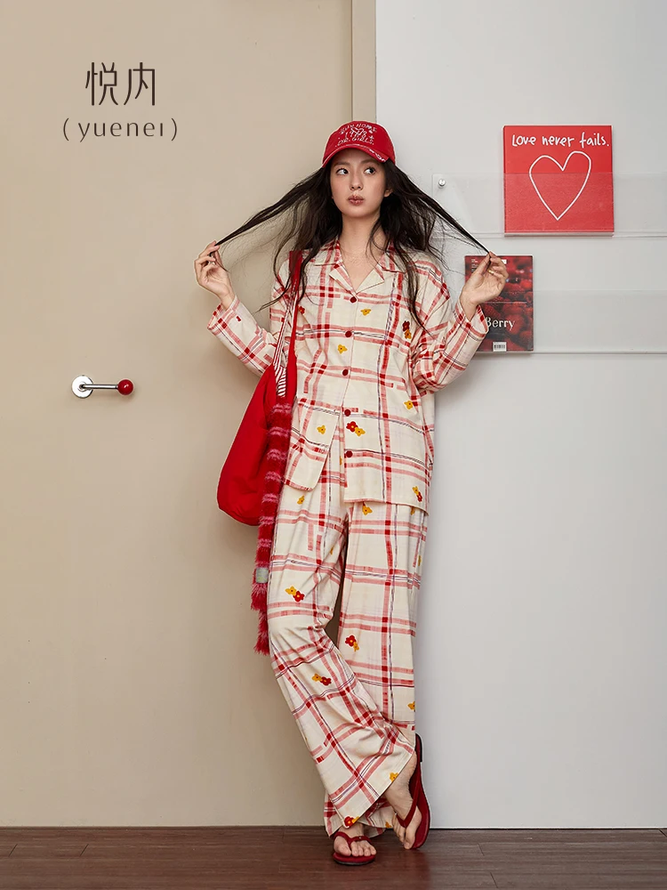 

Pure Cotton Long Sleeve Women's Sleepwear Spring Autumn Loose plus Size Retro Red Plaid Home Clothes Suitable for Outdoor Wear