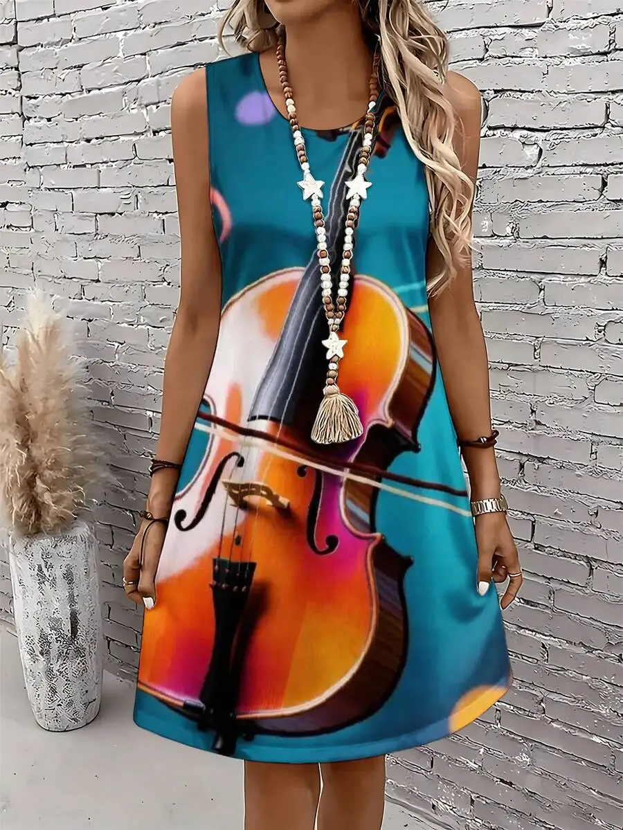 

Violin Print Sleeveless Mini Dress Women Summer Casual Music Theme Fashion Dress