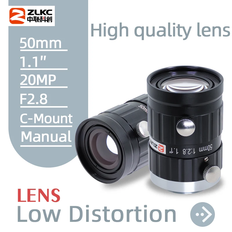 ZLKC 20Megapixel 50mm Lens 1.1 Inch Aperture F2.8 Low Distortion Lens Fixed Focal Length C Mount Lens for Machine Vision Camera