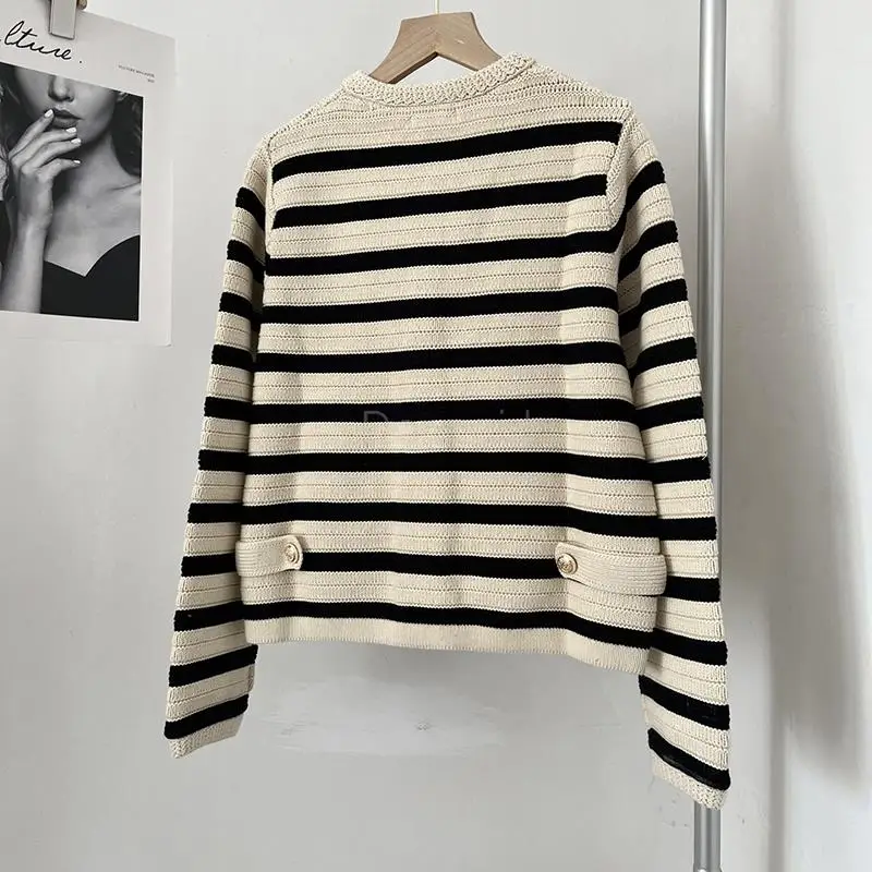 Donegirl Fashion 2023New Spring Autumn Single Row Button Knitted Striped Sweater Cardigans Slim Elegant Commute Tops Female Chic