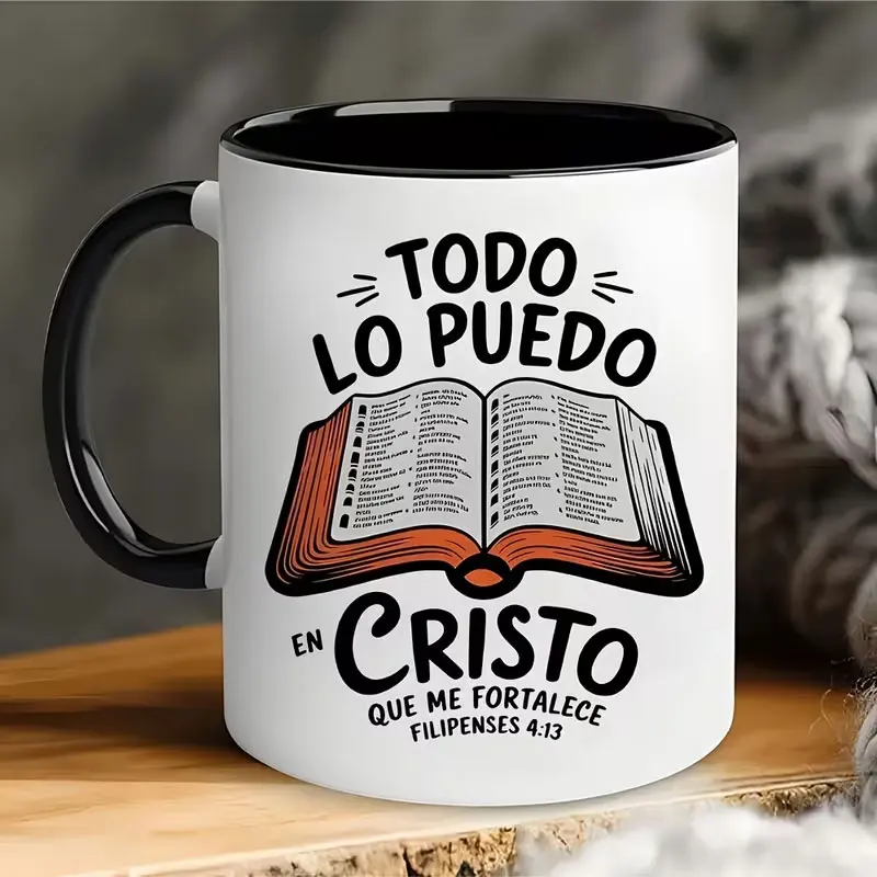 1 11-Ounce Ceramic Coffee Mug with Inspirational Spanish Quotes - Insulated, Hand Wash Only - Perfect Gift for Coffee Lovers, Unisex - Black and White Design with “Christ Liberty News” Illustration, Travel Coffee Mug | Religious Themed Cup
