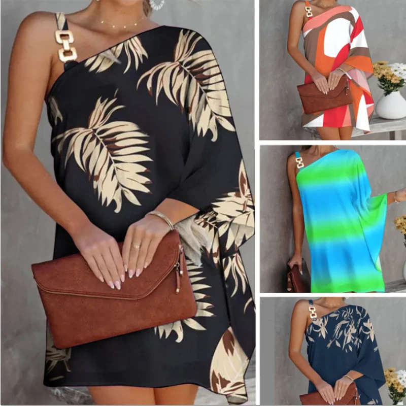 

2022European and American Cross-Border Amazon Summer New Women's Camisole Dress Batwing Sleeve Off-Shoulder Printed Sexy Dress