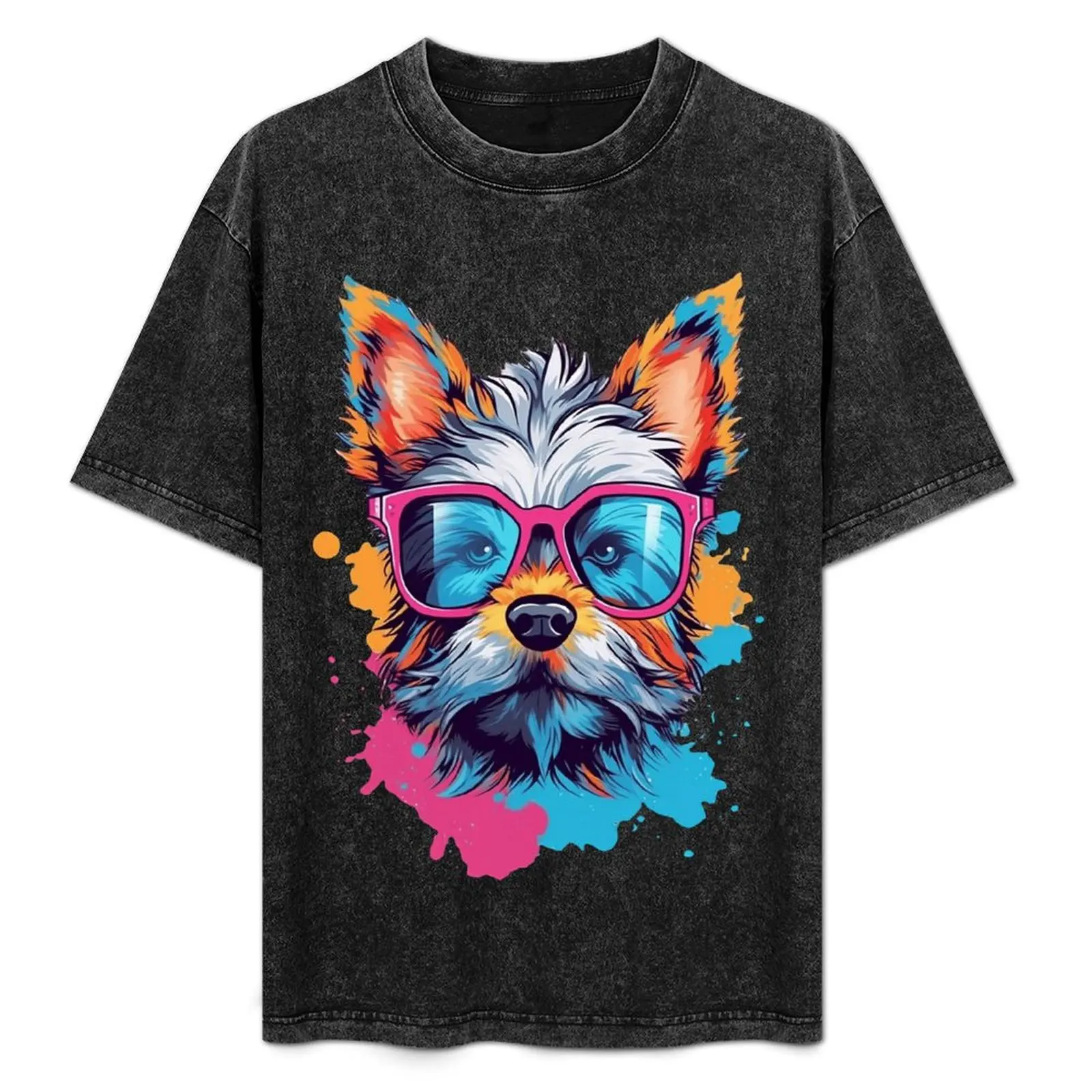 

Small Colorful Dog Wearing Pink Glasses T-Shirt Work Utility Casual Tee Shirt