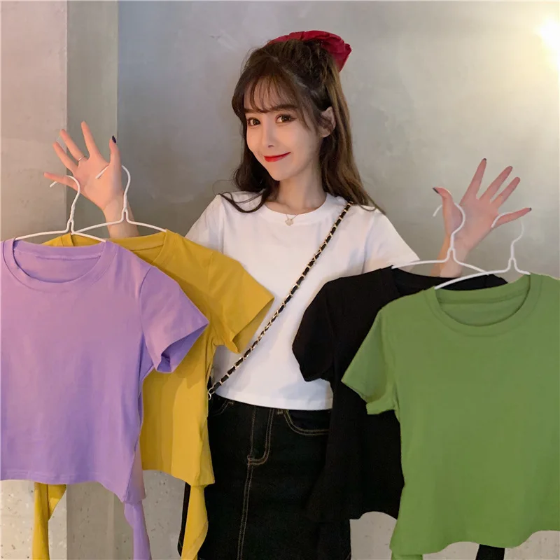 2023 Summer Fashion Y2K T-shirt Woman Korean Bandage Sexy Crop Top Women Short Sleeve Kpop Tee Shirt Femme Solid Color Clothes