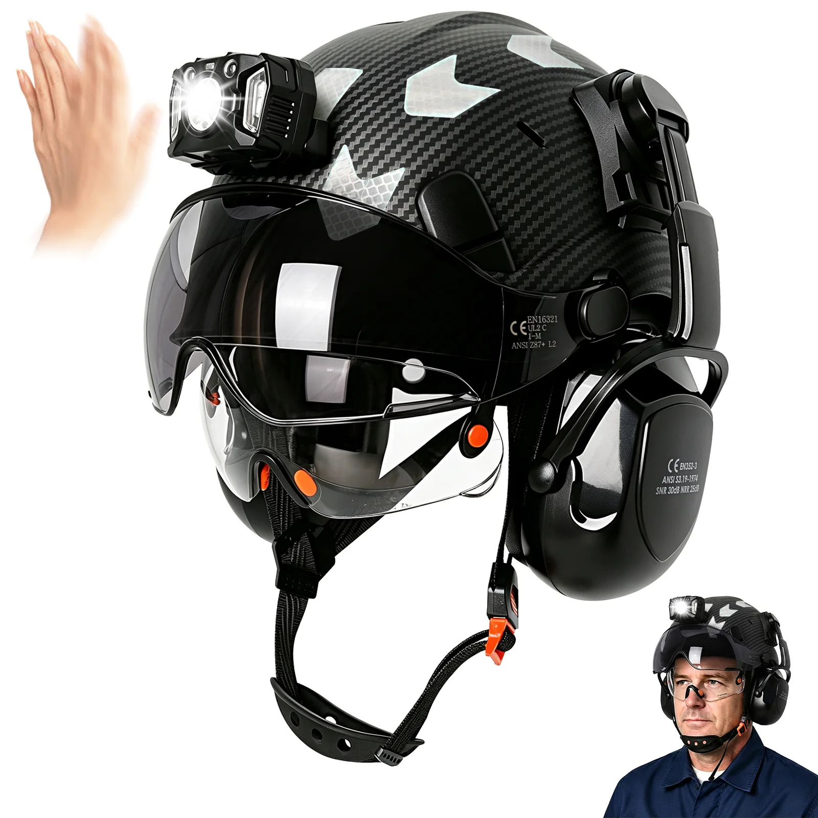 CE Construction Safety Helmet with Double Goggles Head Lamp Earmuff ANSI Hard Hat Industrial Engineer Work Protective Cap
