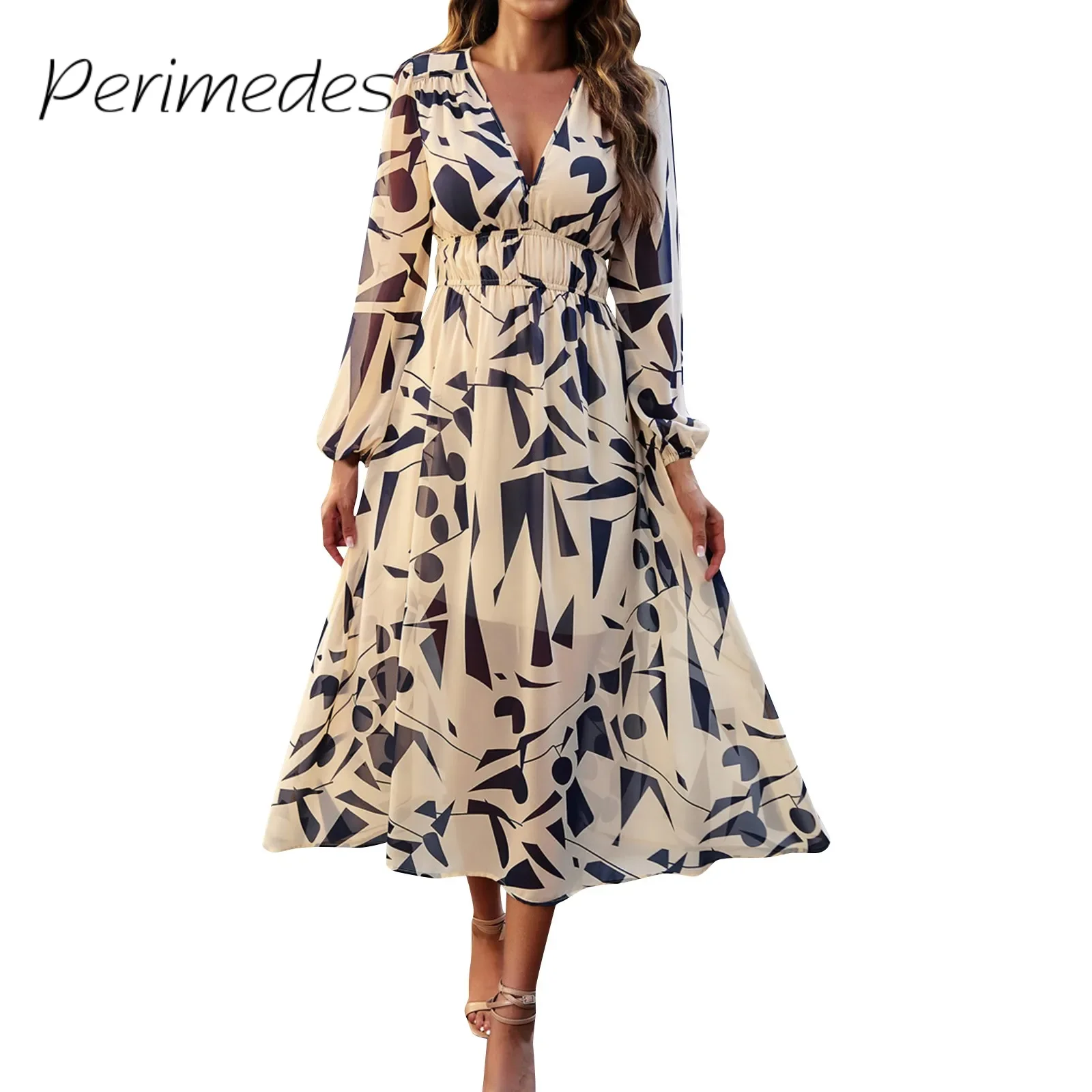 Vestidos Dress For Ladies With Sash Temperament High Waist Cinched Dress V-Neck Printed 2024 Modna długa sukienka z długim rękawem