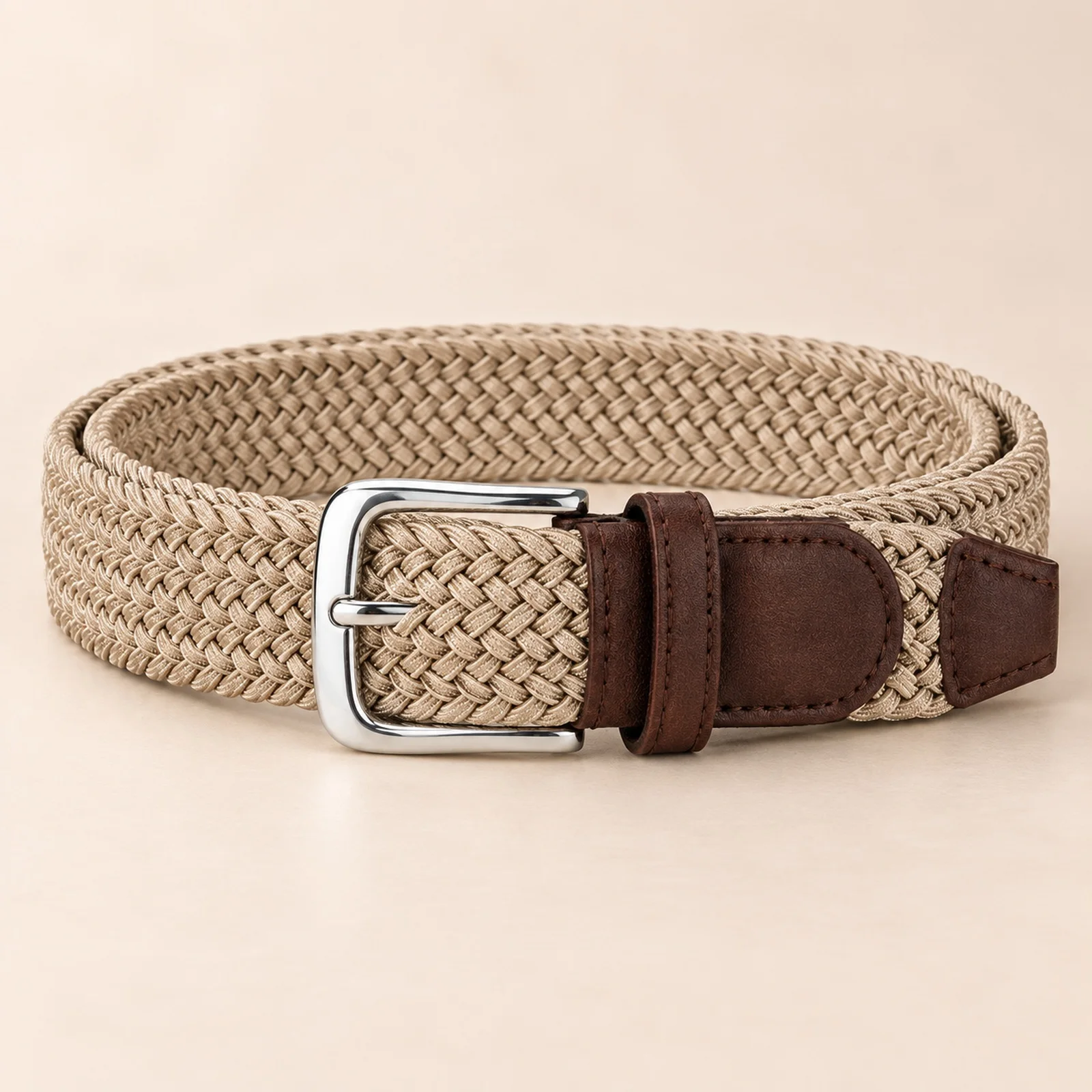Braided Belt Unisex Elastic Stretch Woven Waist Belt Khaki Brown Army Green 115cm Adjustable Pin Buckle Jeans Casual Trousers