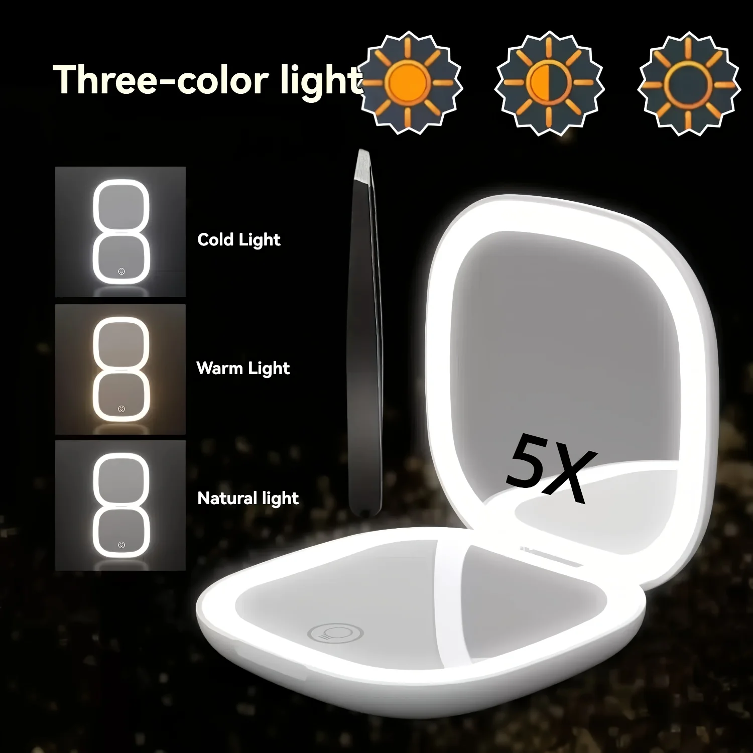 5X Double-Sided Magnifying Makeup Mirror with Lights, Handheld Mirror, Light Luxury and Convenient, Double-Sided with Led Lights and Tweezers, High-Definition Beauty Mirror, Rechargeable Smart Mirror with Three-Color Adjustable Light, Essential for Travel, Suitable for Makeup and Touch-Ups