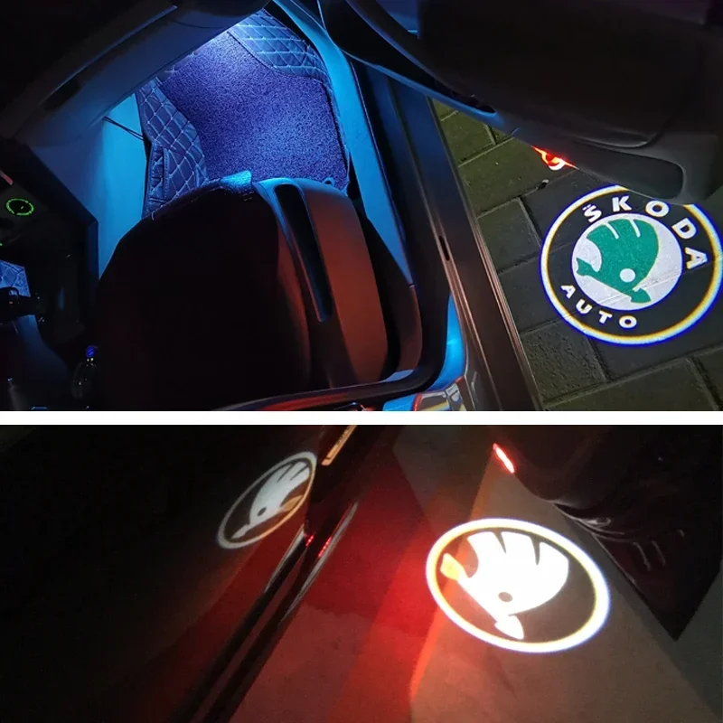 2PCS Car Door Welcome Courtesy Logo Lights Ghost Projector Shadow Lamps for Skoda VRS Fabia Octavia Roomster Superb Accessories