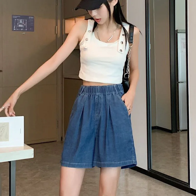 

Summer Thin Lyocell Denim Shorts Women Korean Fashion Casual High Waist Loose Short Section Jeans Elastic Waist Short Pants