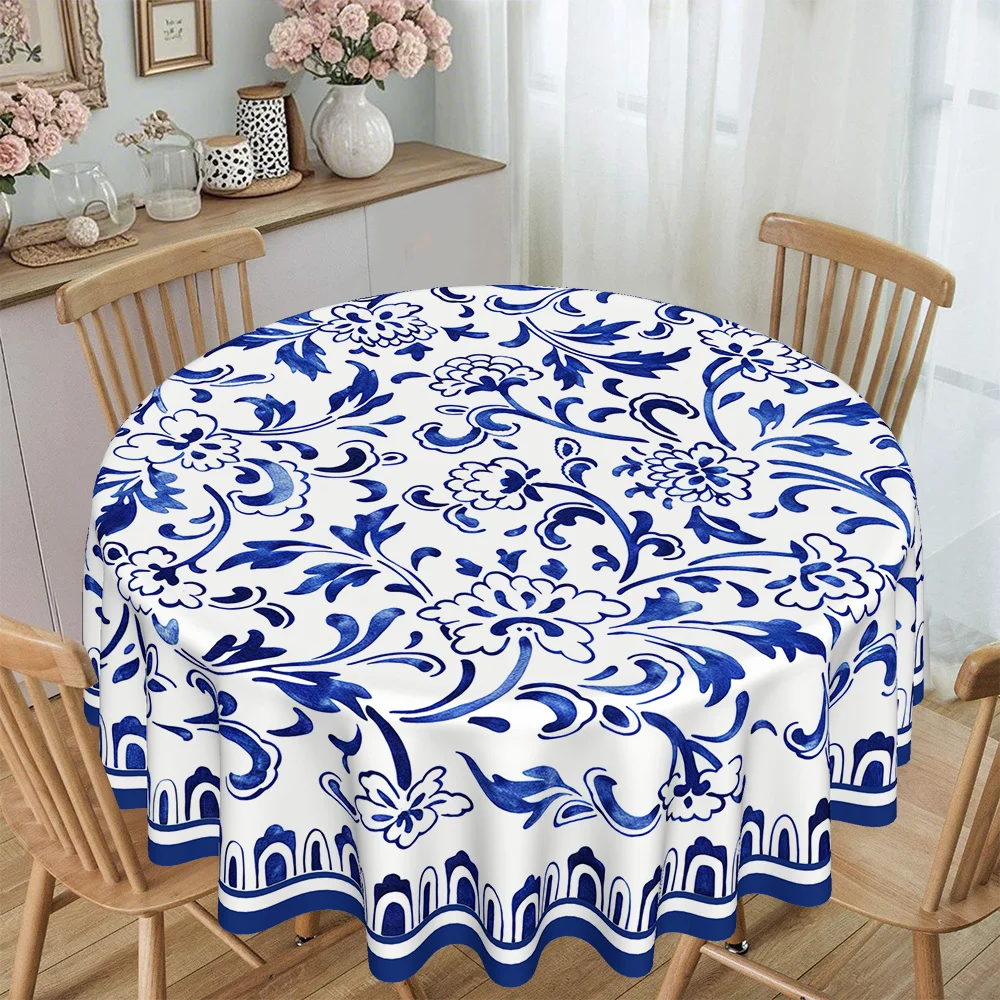 1pc Blue Porcelain Floral Twining Pattern Printed Round Kitchen/Dining Tablecloth, 120g/㎡ Twill Polyester Materialzyc