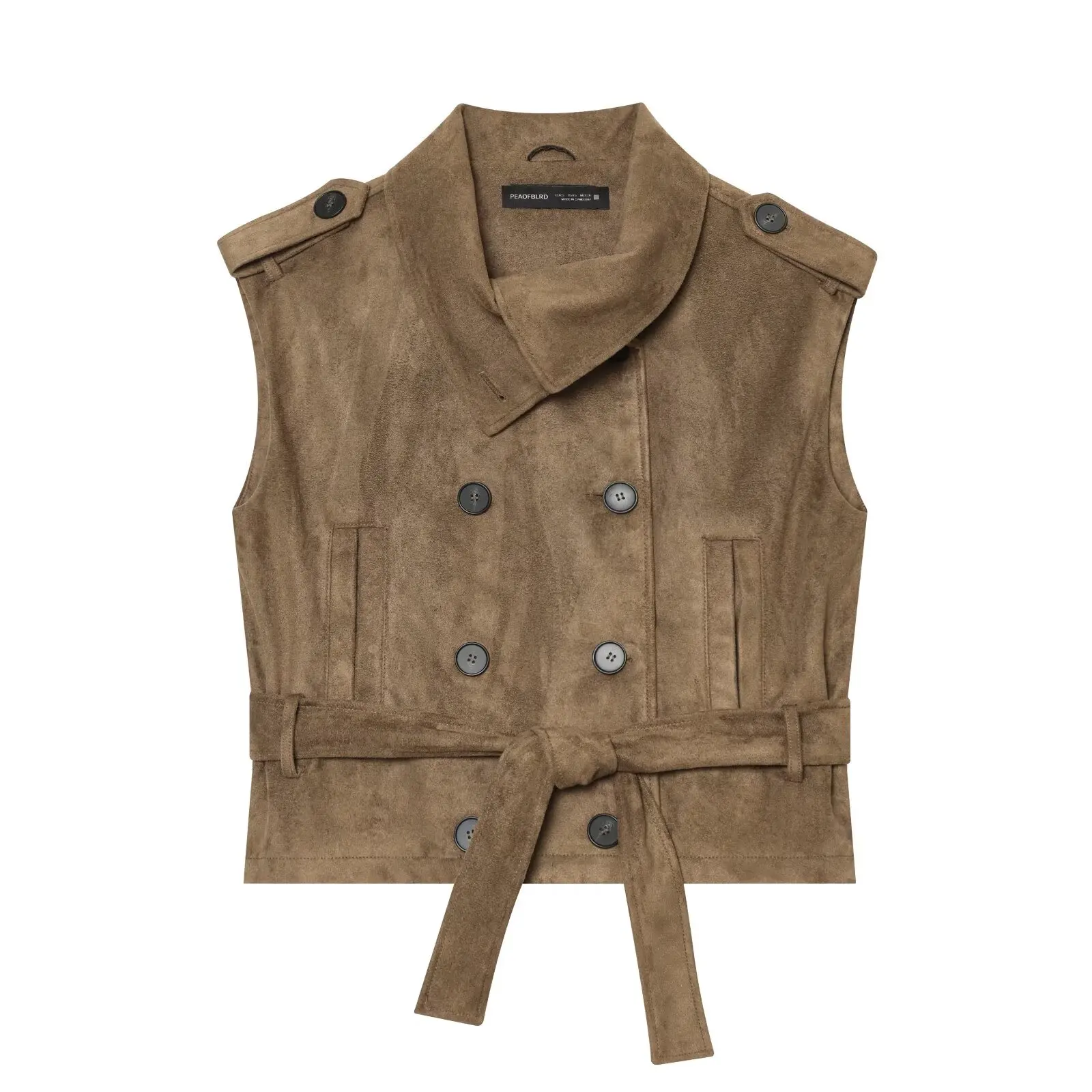 Belted Waist Cropped Fashion Vest 2026 Classic Style Women Double Breasted Vintage Gilet Street Casual Office Vest