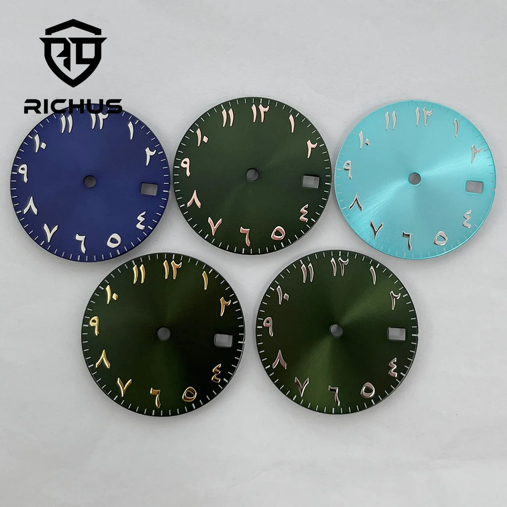 RICHUS 28.5mm Arabic numeral Black Blue Green Watch Dial Fit NH35 Movement Calendar Window Fit 3 O'Clock Crown 3.8 O'Clock Crown