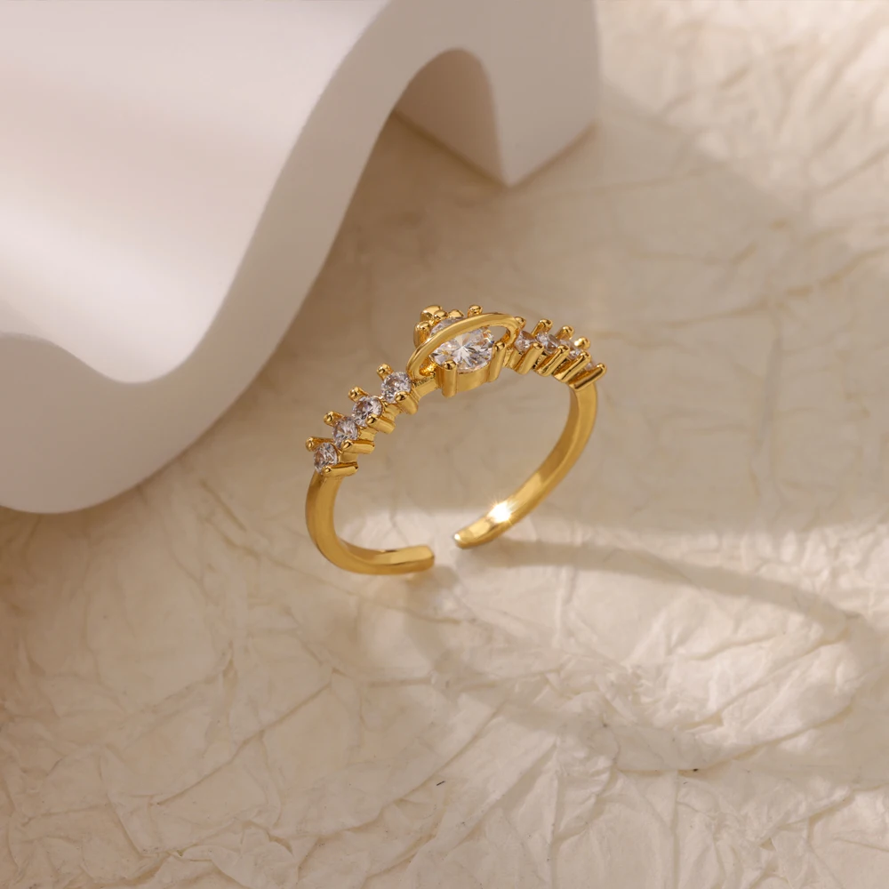 Luxus Zirkon Runde Ringe Für Frauen Gold Farbe Edelstahl Offenen Ring Luxus Hochzeit Paar Ästhetischen Jewerly Zubehör