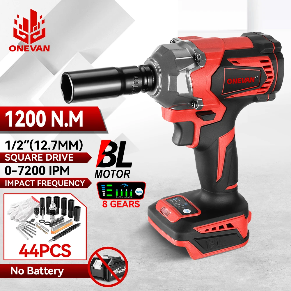 

ONEVAN 1200N.M Бесщеточный электрический ударный гайковерт Аккумуляторная отвертка Электроинструмент для ремонта автомобилей с набором головок для Makita BatteryPin