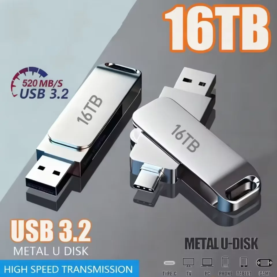 High Speed 16TB Flash Drive USB 3.2 Metal U Disk Type-C Memory Stick Waterproof Storage PC Phone Data Transfer 2026 NEW