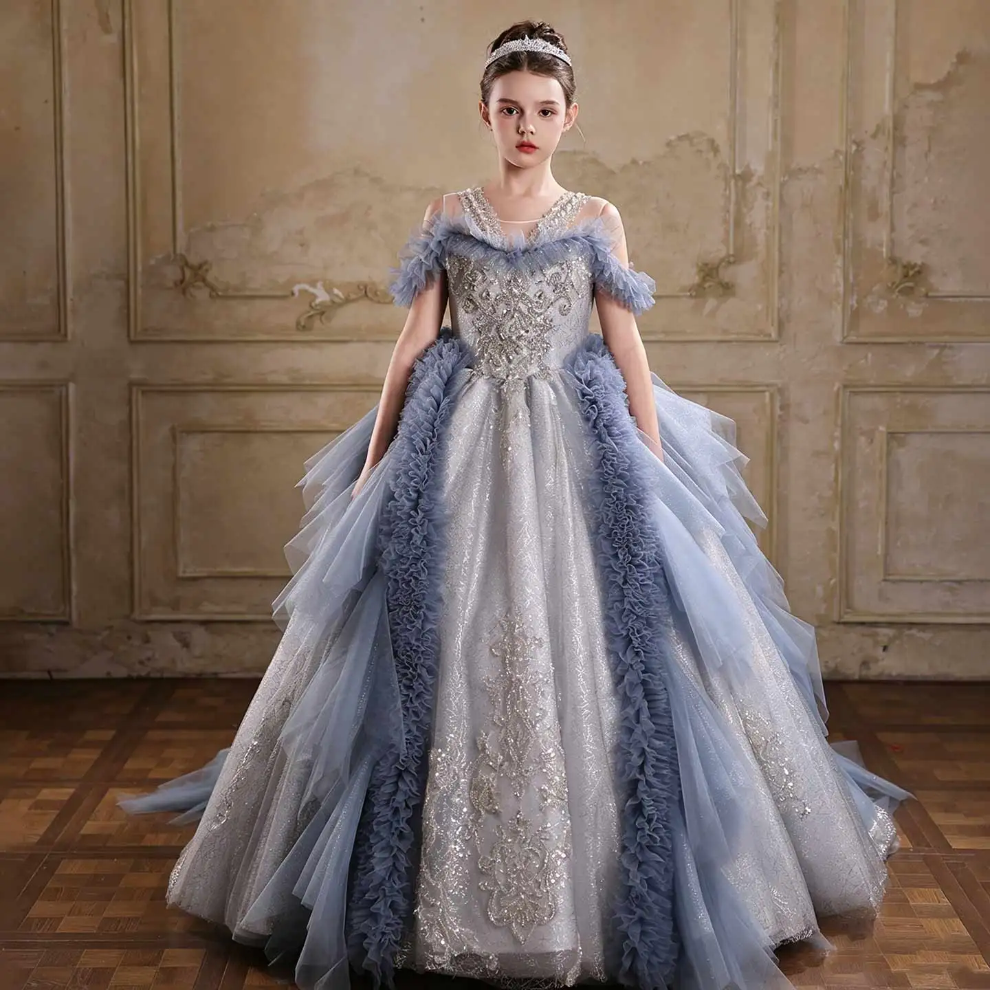 Jill Wish J105 Dusty Blue Silver Off‑Shoulder Princess Ball Gown | Ruffled Tulle Luxury Beaded Flower Girl Pageant Dress