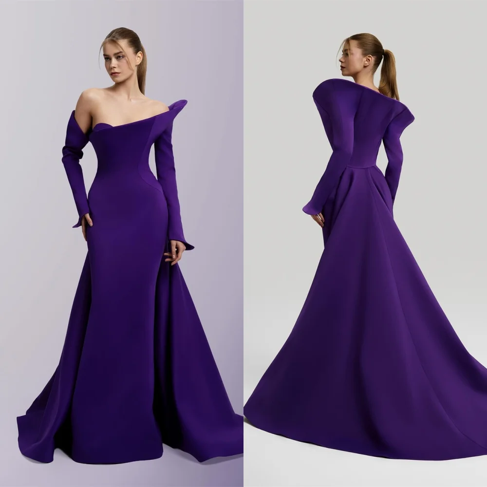 

Customized Off the Shoulder Long Sleeves Celebrity Gowns High Quality Chapel Train Prom Dress A-Line Purple Evening Dress