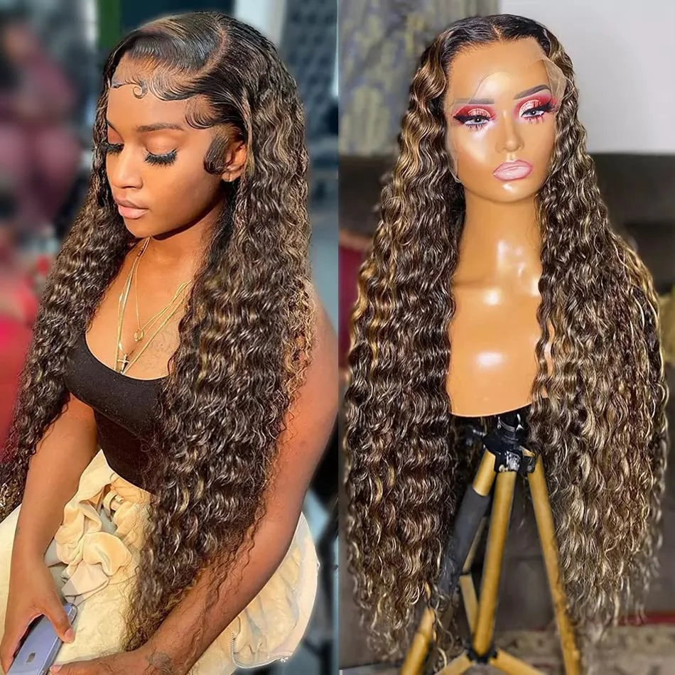 4/27 تسليط الضوء على موجة عميقة الدانتيل الجبهة الباروكات 100% شعر الإنسان البني أومبير الملونة مجعد المياه 13x4 الدانتيل الباروكة الأمامية للنساء #2