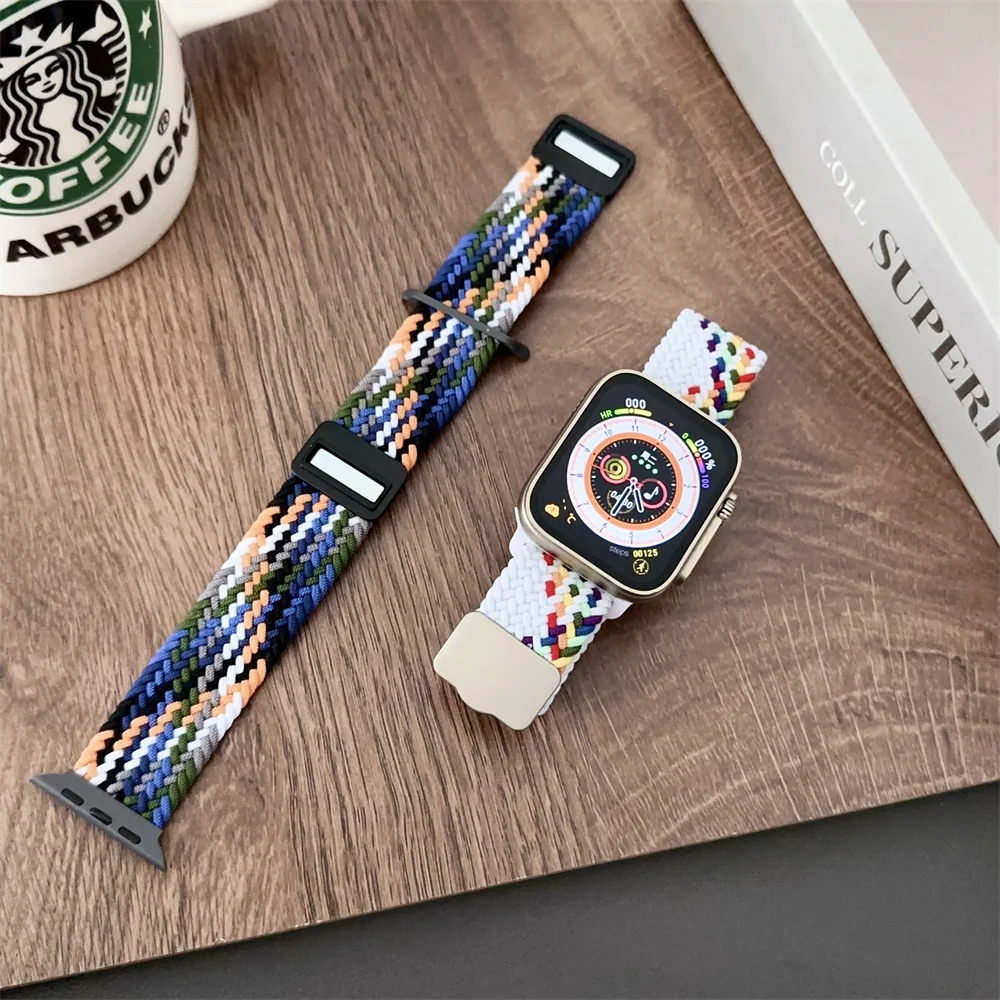 Bracelet Solo Loop Tressé en Nylon pour Apple Watch 9 8 7, Bande 45mm 41mm Ultra2 49mm, Bracelet Magnétique iWatch 6 5 4 se2 44mm 40mm, Ceinture