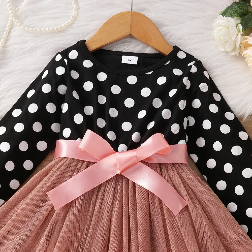 3-8 Years Kids Girls Dress Long Sleeve Polka Dots Mesh Patchwork Dress for Girls Birthday Party Evening Dress  Autumn Clothes