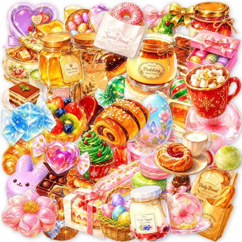50Sheets Watercolor French Pastry Clear PET Stickers Soft Aesthetic Sweet Treat Decals for DIY Scrapbook Decor AnimeWorlds Store
