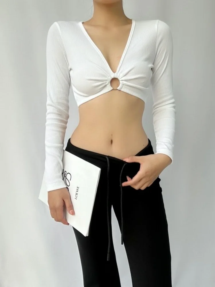 Spring Women Y2k Design Slim Long Sleeve T Shirts Crop Tops Streetwear Clubwear 2000s Aesthetic Gyaru 90s E-girl Solid Color New