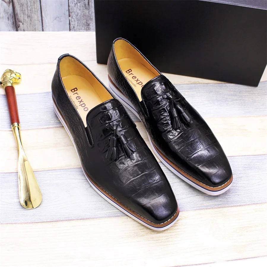 Casual Men Genuine Leather Shoes Flat Tassel Crocodile Pattern Leather Shoes Fashion Casual Shoes Prom Dating Men\'s Shoes