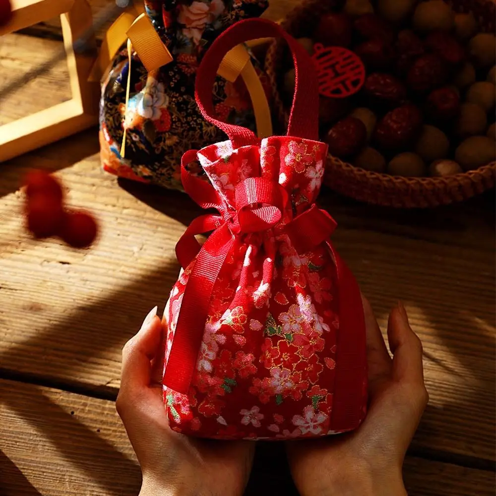 Floral Flower Drawstring Bag Pearl Pendant Large Capacity Festive Sugar Bag Korean Style Bucket Bag Canvas Wrist Bag Wedding