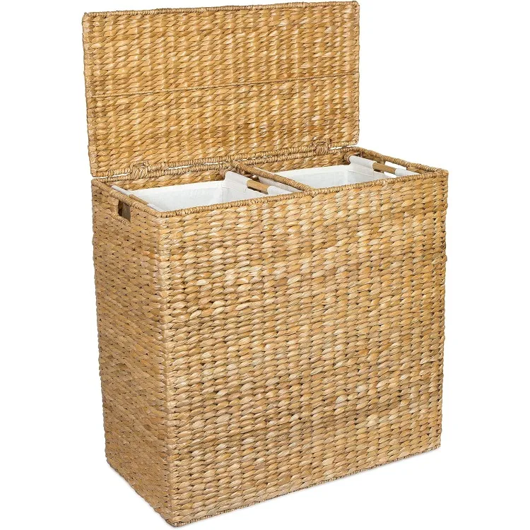 Home Oversized Dual Hampers with Lid - Handwoven Natural Seagrass Fiber Compartment Laundry Hamper w/Dual Removable