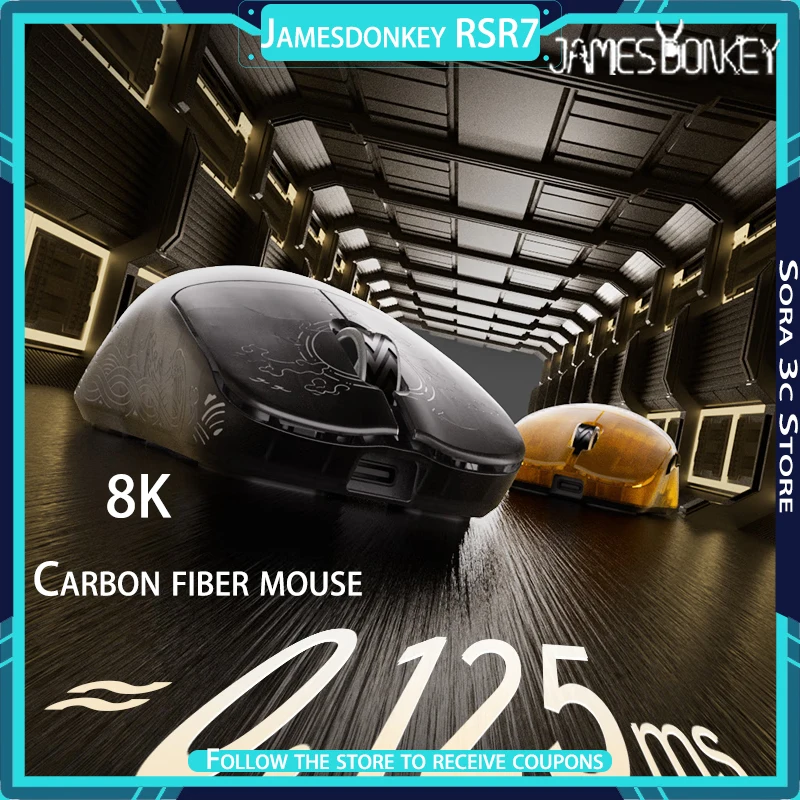 Jamesdonkey RSR7 Carbon Fiber Mouse Wireless Tri-mode PAW3950/3395 Double 8K Return Rate Ergonomic Lightweight Gaming Mouse