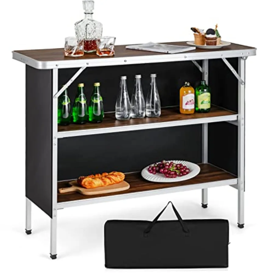 

Portable Bar Table for Events, Folding Mobile Bartending Station with Storage Shelves, Removable Privacy Skirt, Carrying Case,
